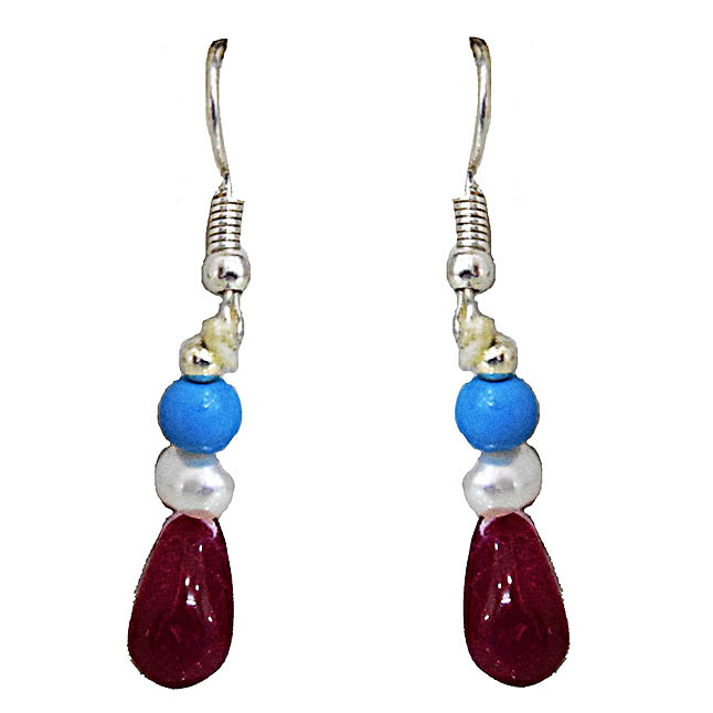 Silver Plated Metal Freshwater Pearl Ruby Turquoise Hanging Earring (SE377)