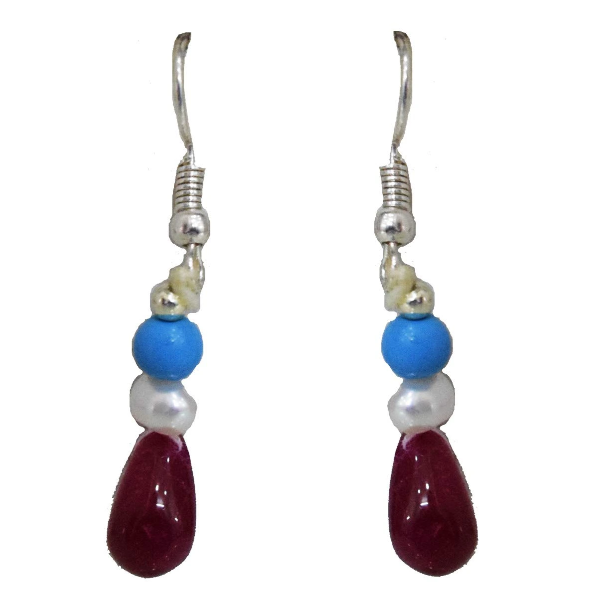 Silver Plated Metal Freshwater Pearl Ruby Turquoise Hanging Earring (SE377)