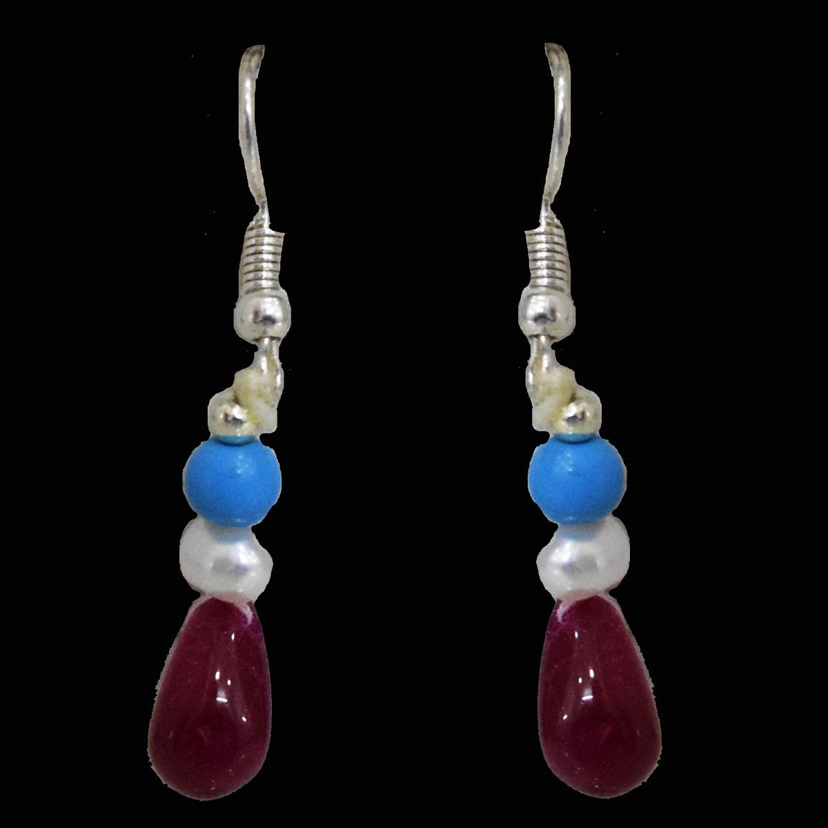 Silver Plated Metal Freshwater Pearl Ruby Turquoise Hanging Earring (SE377)