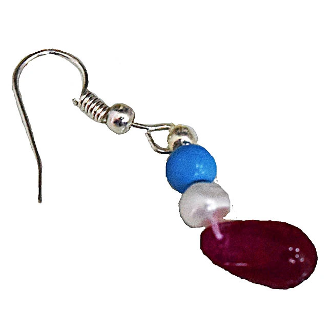 Silver Plated Metal Freshwater Pearl Ruby Turquoise Hanging Earring (SE377)