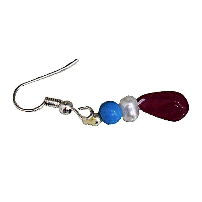Silver Plated Metal Freshwater Pearl Ruby Turquoise Hanging Earring (SE377)