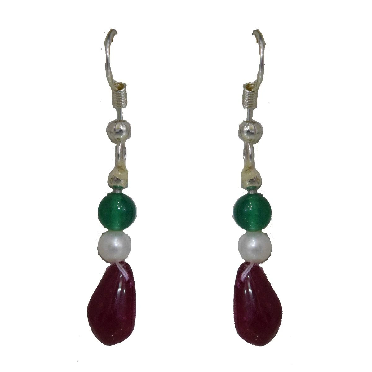 Silver Plated Metal Freshwater Pearl Ruby Onyx Hanging Earring (SE378)