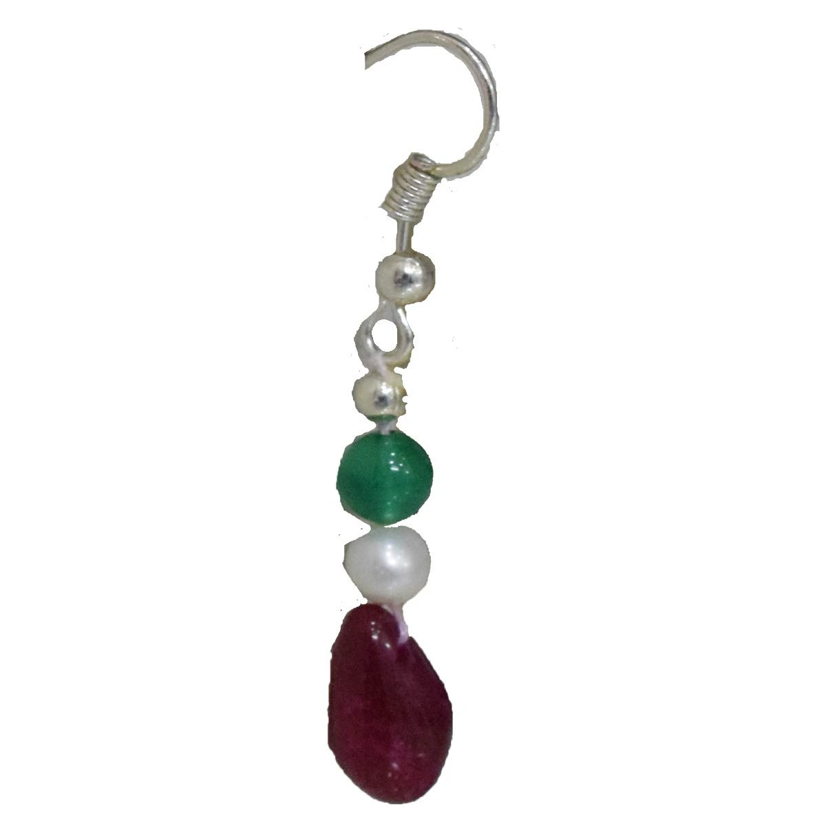 Silver Plated Metal Freshwater Pearl Ruby Onyx Hanging Earring (SE378)