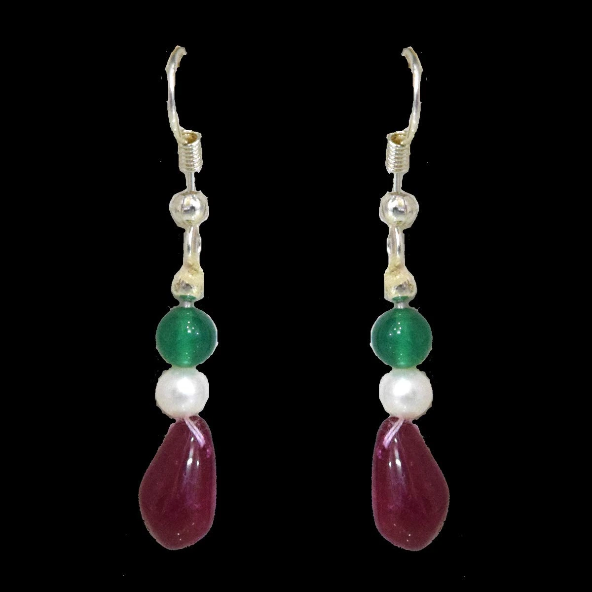 Silver Plated Metal Freshwater Pearl Ruby Onyx Hanging Earring (SE378)