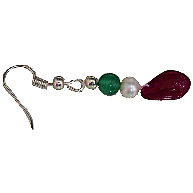 Silver Plated Metal Freshwater Pearl Ruby Onyx Hanging Earring (SE378)