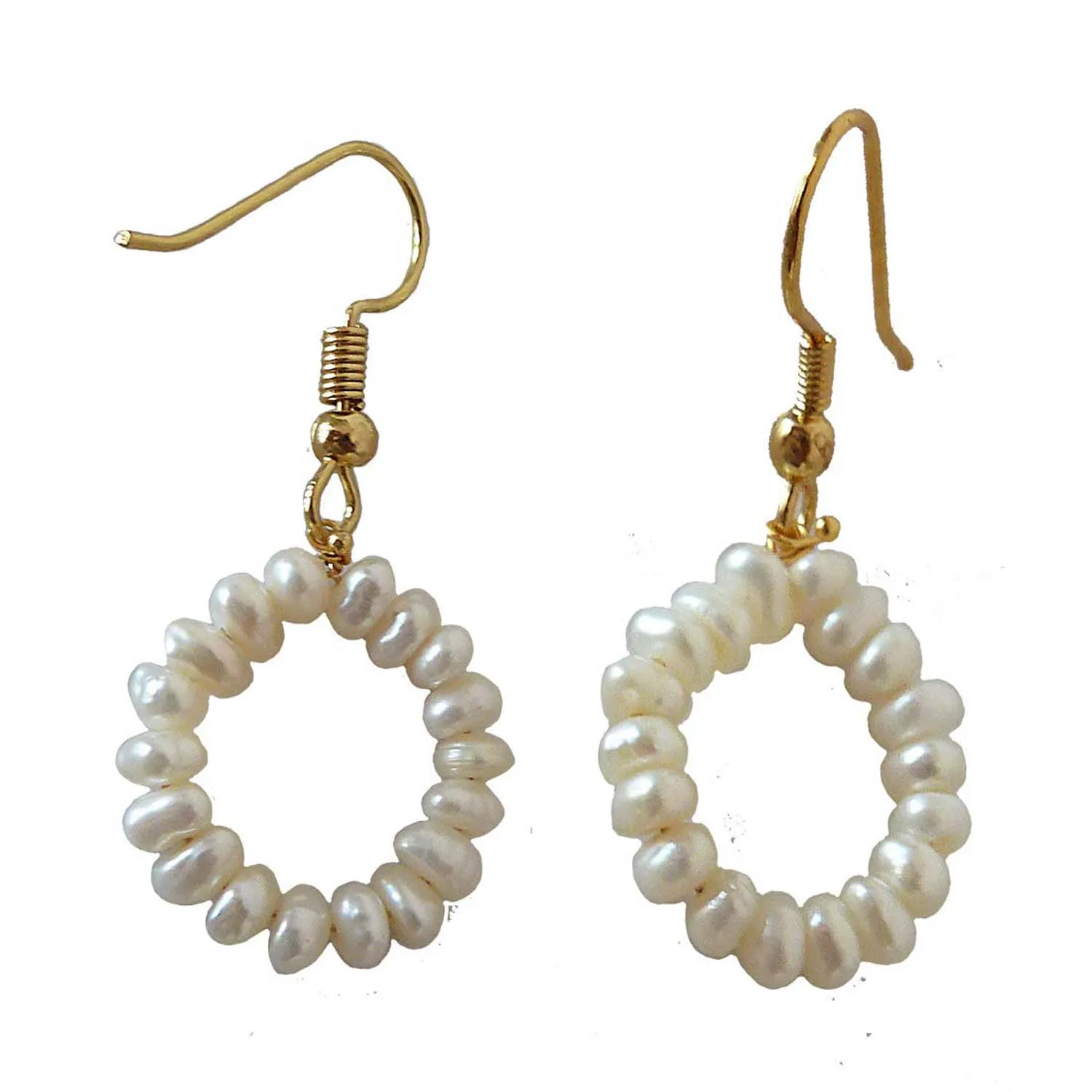 Dangling Circular Real Freshwater Pearl and Gold Plated Wire Style Earrings (SE379)