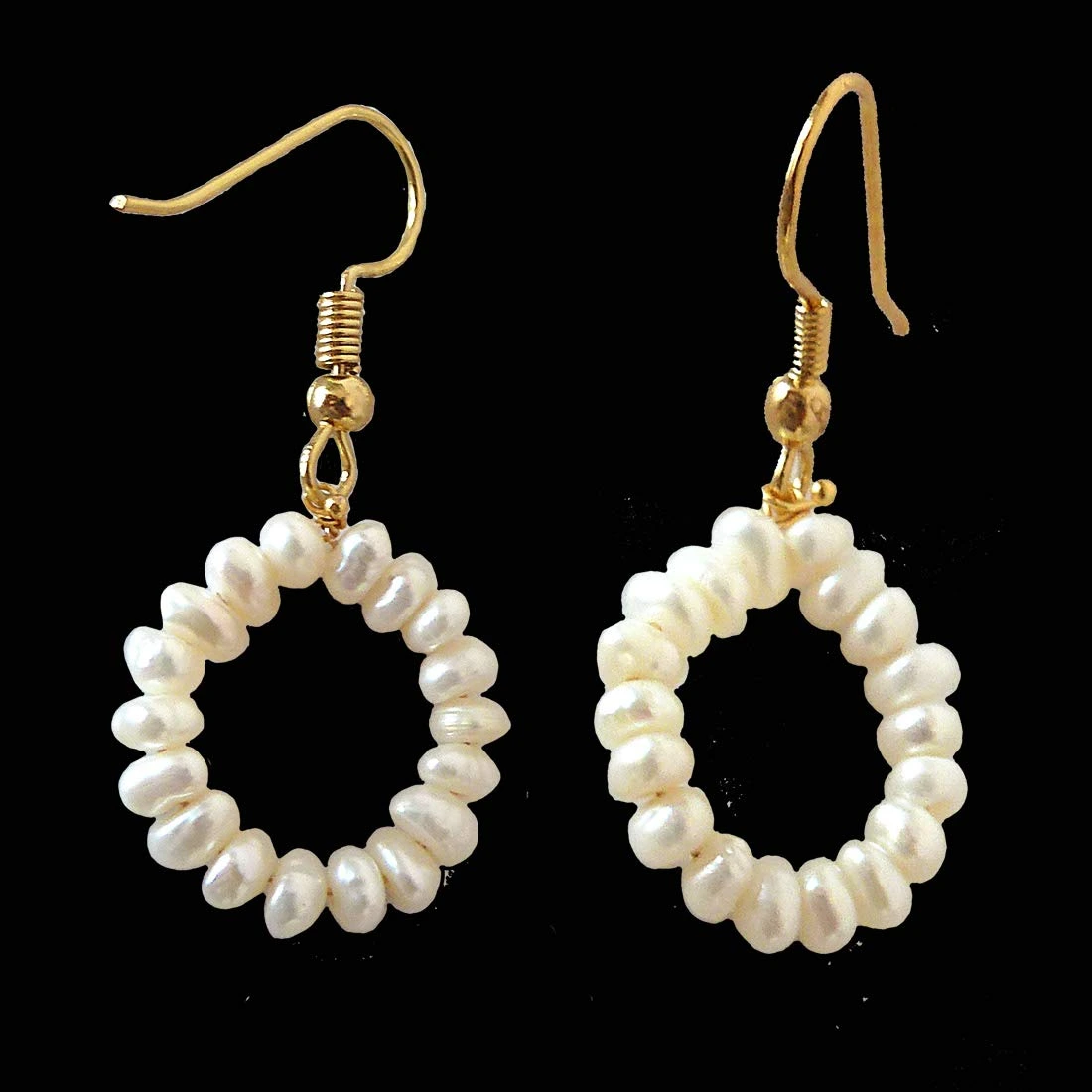 Dangling Circular Real Freshwater Pearl and Gold Plated Wire Style Earrings (SE379)