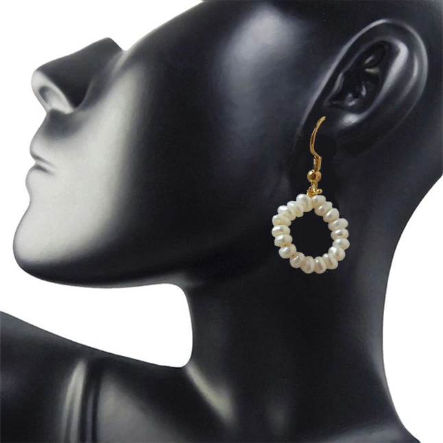 Dangling Circular Real Freshwater Pearl and Gold Plated Wire Style Earrings (SE379)