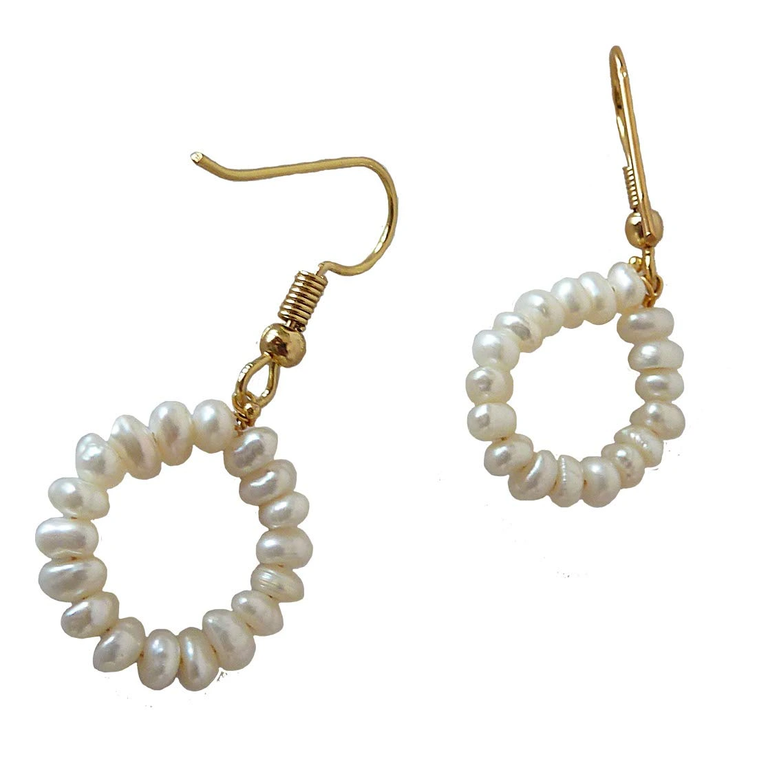 Dangling Circular Real Freshwater Pearl and Gold Plated Wire Style Earrings (SE379)