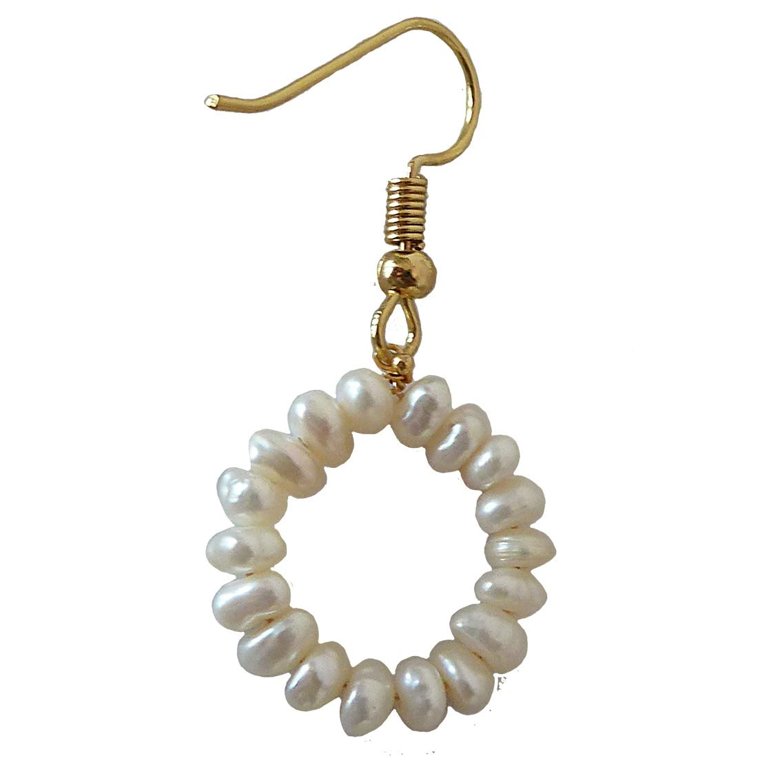 Dangling Circular Real Freshwater Pearl and Gold Plated Wire Style Earrings (SE379)