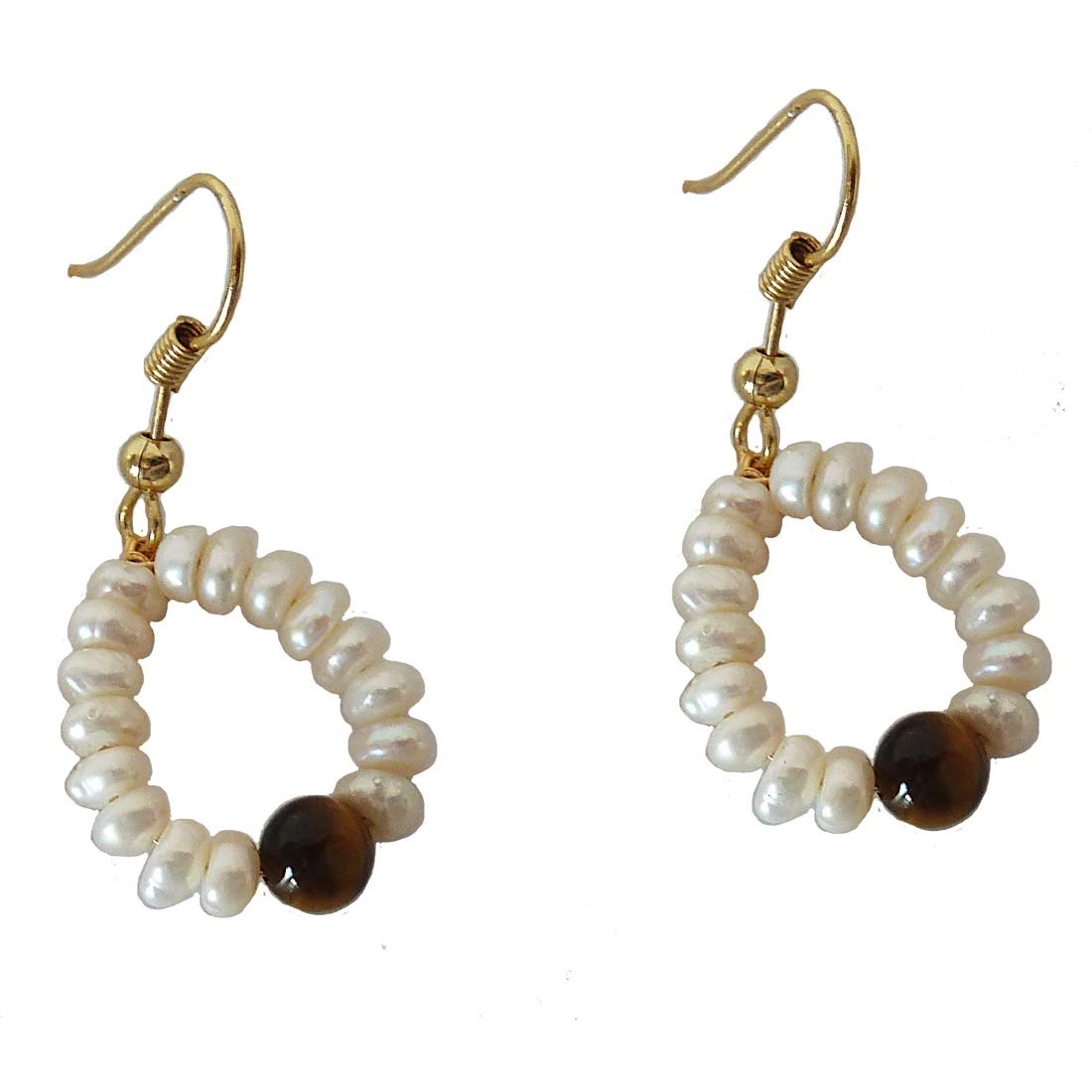 Dangling Circular Tiger Eye Beads, Freshwater Pearl and Gold Plated Wire Style Earrings (SE380)