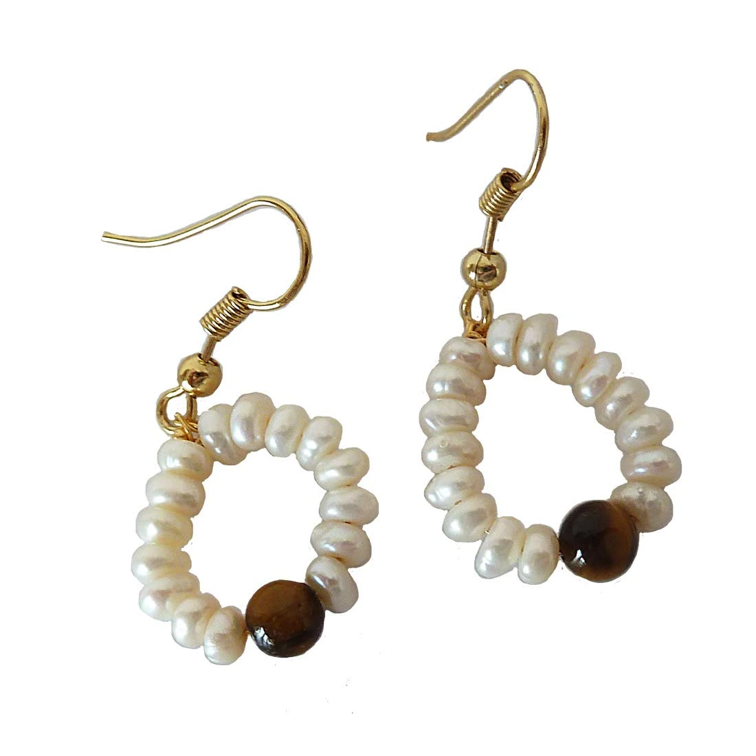 Dangling Circular Tiger Eye Beads, Freshwater Pearl and Gold Plated Wire Style Earrings (SE380)
