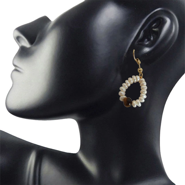 Dangling Circular Tiger Eye Beads, Freshwater Pearl and Gold Plated Wire Style Earrings (SE380)