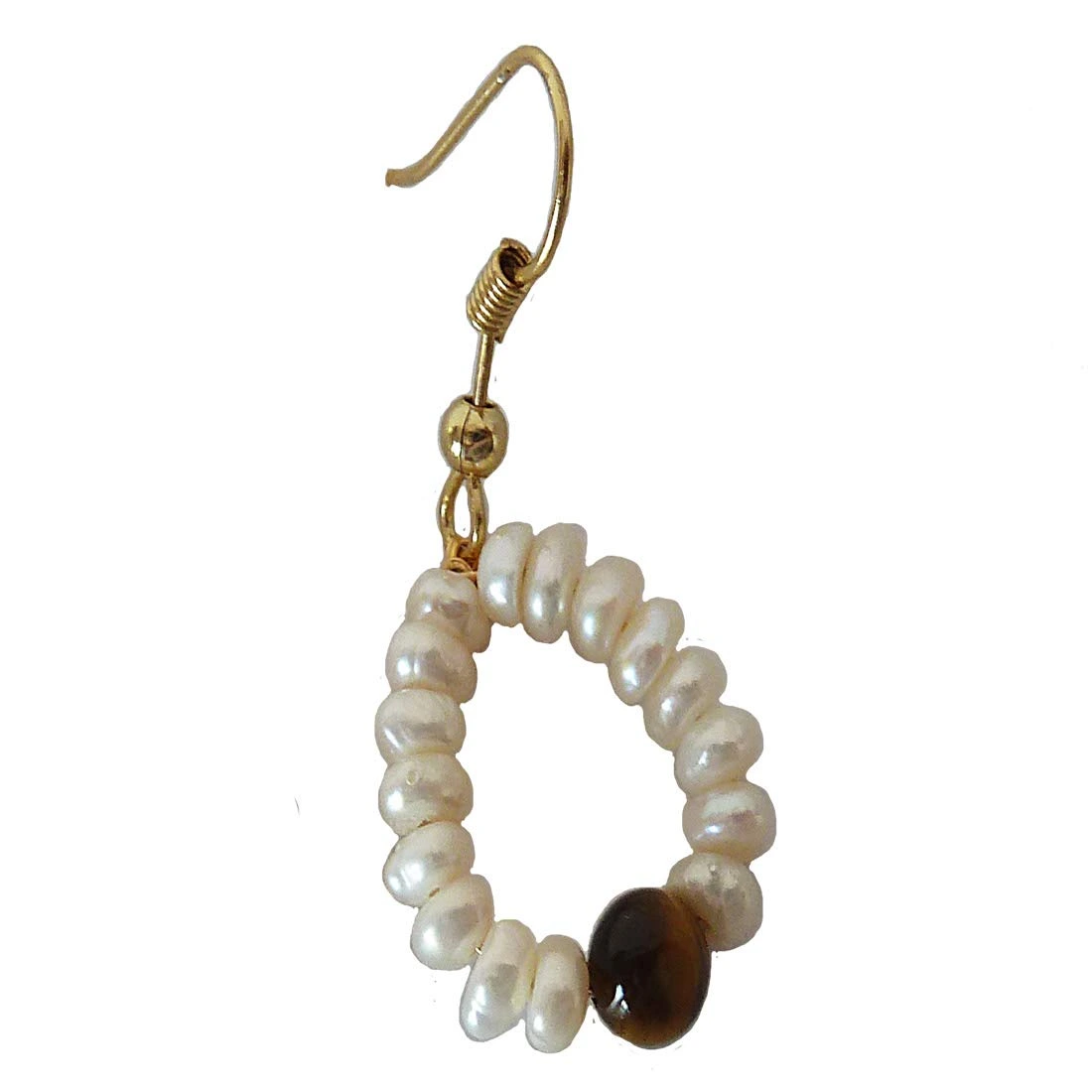 Dangling Circular Tiger Eye Beads, Freshwater Pearl and Gold Plated Wire Style Earrings (SE380)