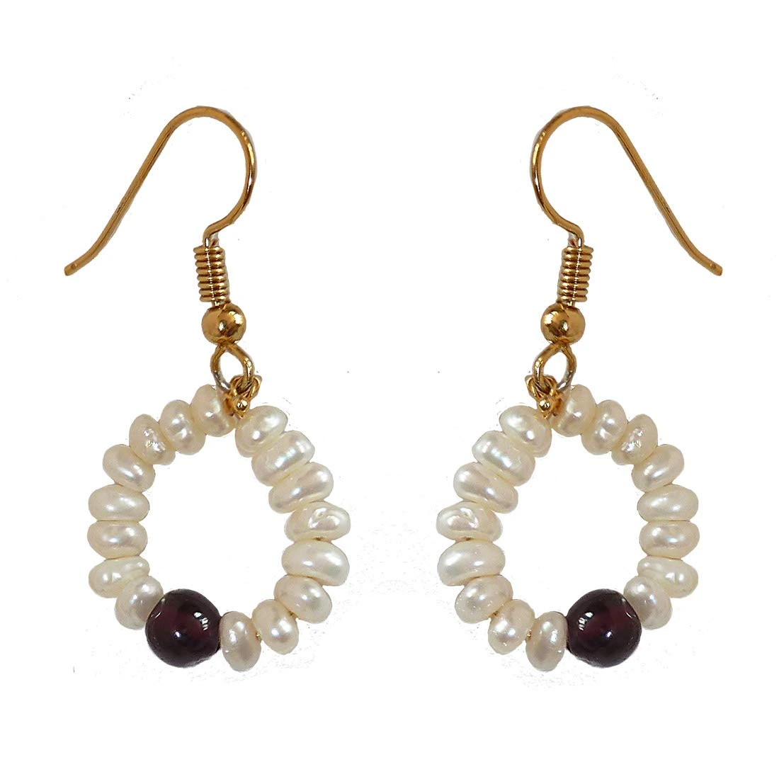 Dangling Circular Garnet Beads, Freshwater Pearl and Gold Plated Wire Style Earrings(SE381)