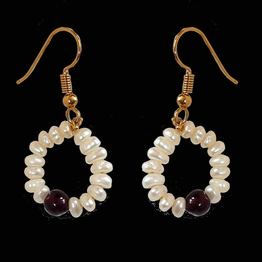 Dangling Circular Garnet Beads, Freshwater Pearl and Gold Plated Wire Style Earrings(SE381)