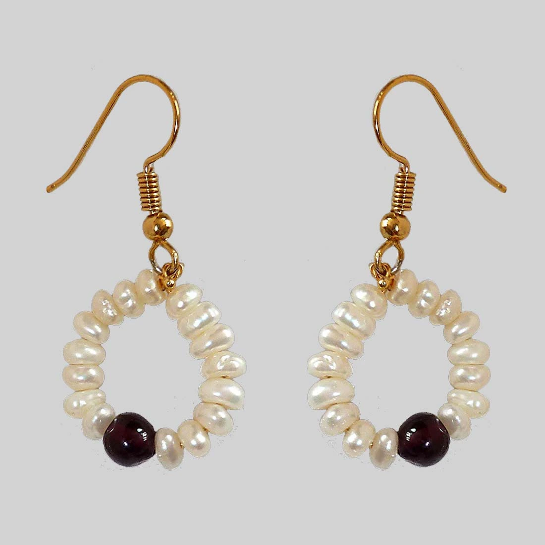 Dangling Circular Garnet Beads, Freshwater Pearl and Gold Plated Wire Style Earrings(SE381)