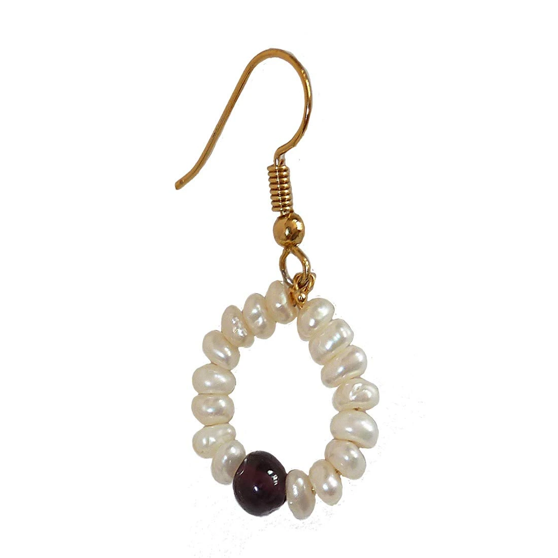Dangling Circular Garnet Beads, Freshwater Pearl and Gold Plated Wire Style Earrings(SE381)