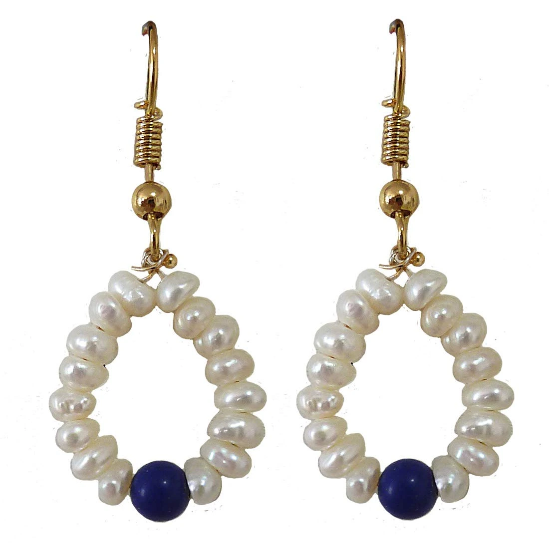 Dangling Circular Blue Lapiz Beads, Freshwater Pearl and Gold Plated Wire Style Earrings(SE382)