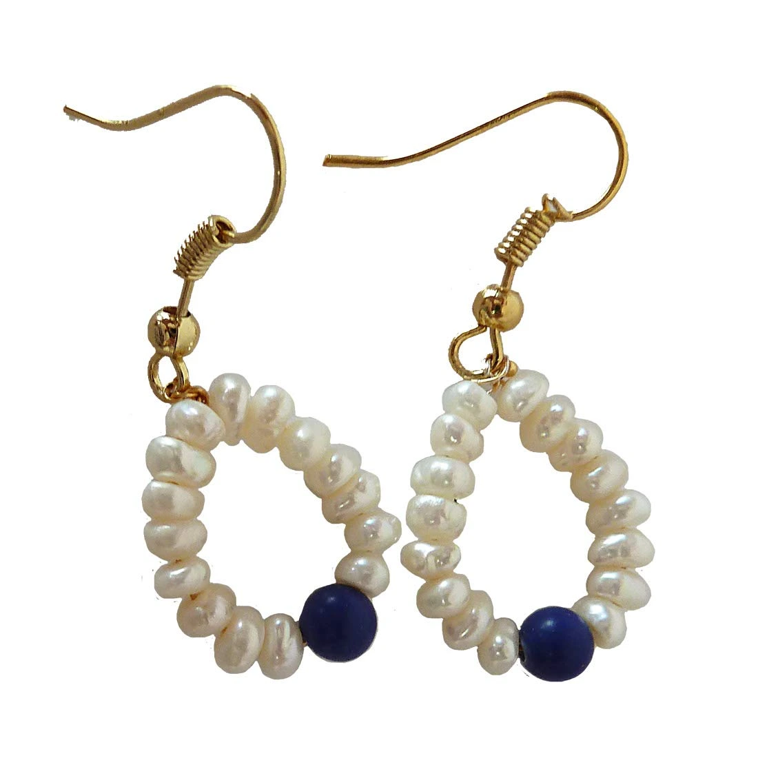 Dangling Circular Blue Lapiz Beads, Freshwater Pearl and Gold Plated Wire Style Earrings(SE382)