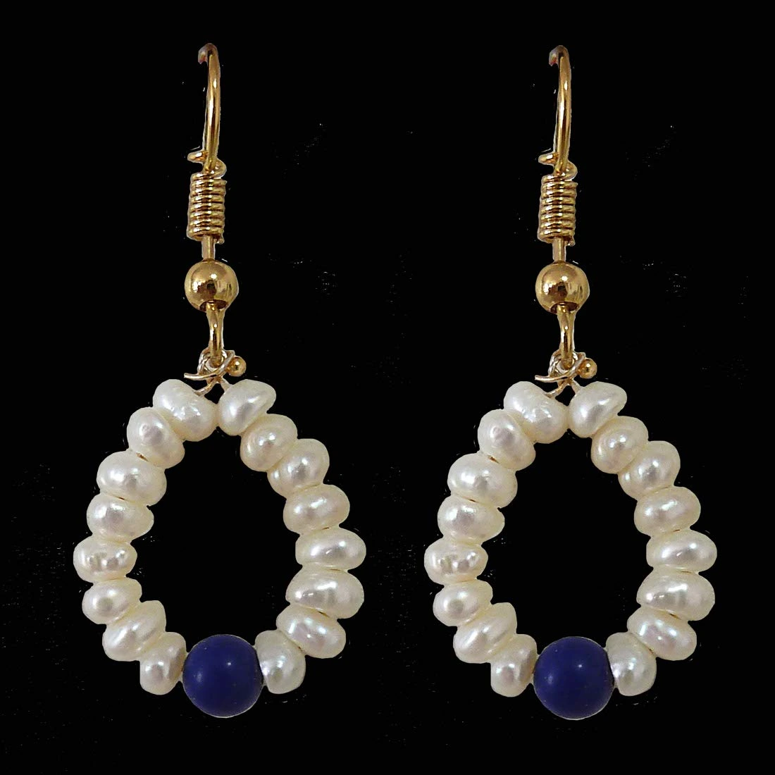 Dangling Circular Blue Lapiz Beads, Freshwater Pearl and Gold Plated Wire Style Earrings(SE382)