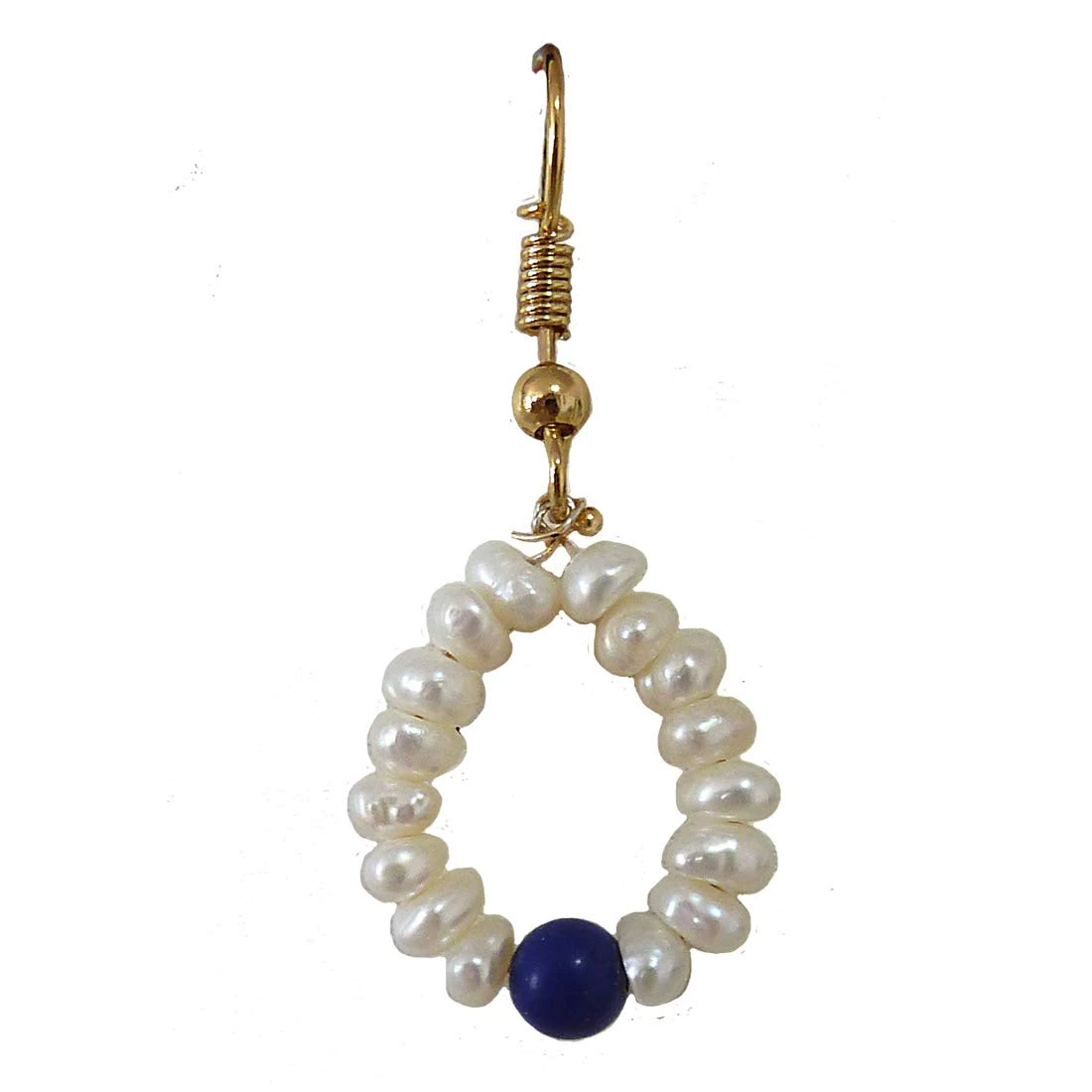 Dangling Circular Blue Lapiz Beads, Freshwater Pearl and Gold Plated Wire Style Earrings(SE382)