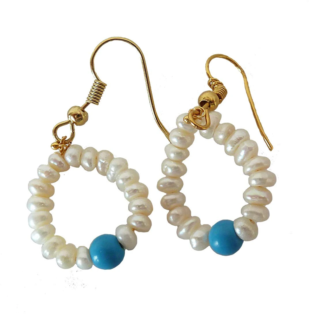 Dangling Circular Turquoise Beads, Freshwater Pearl and Gold Plated Wire Style Earrings (SE383)