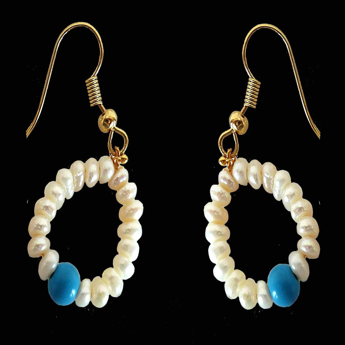 Dangling Circular Turquoise Beads, Freshwater Pearl and Gold Plated Wire Style Earrings (SE383)
