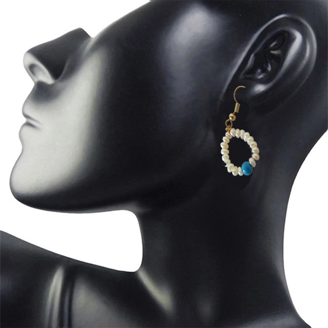Dangling Circular Turquoise Beads, Freshwater Pearl and Gold Plated Wire Style Earrings (SE383)