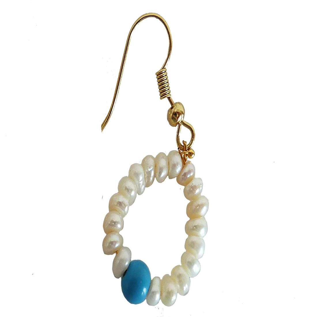 Dangling Circular Turquoise Beads, Freshwater Pearl and Gold Plated Wire Style Earrings (SE383)