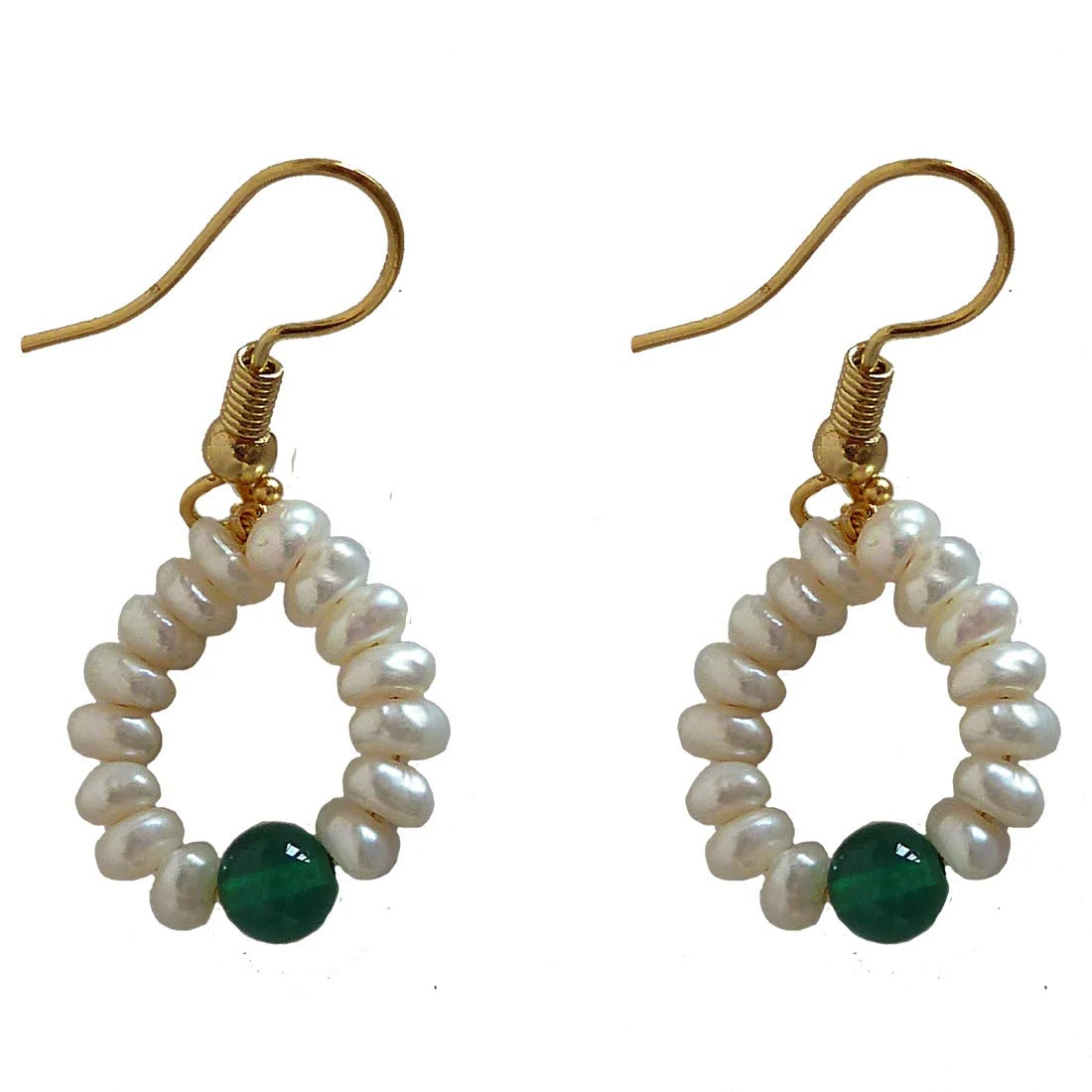 Dangling Circular Green Onyx Beads, Freshwater Pearl and Gold Plated Wire Style Earrings(SE384)