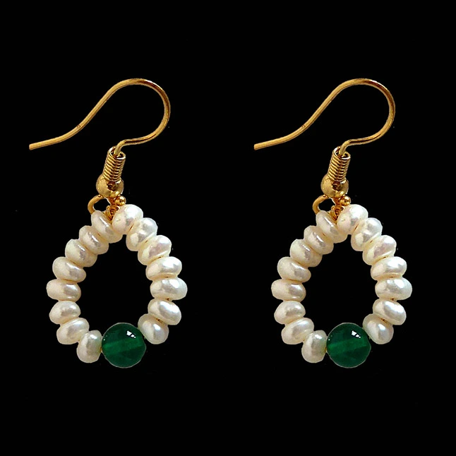 Dangling Circular Green Onyx Beads, Freshwater Pearl and Gold Plated Wire Style Earrings(SE384)