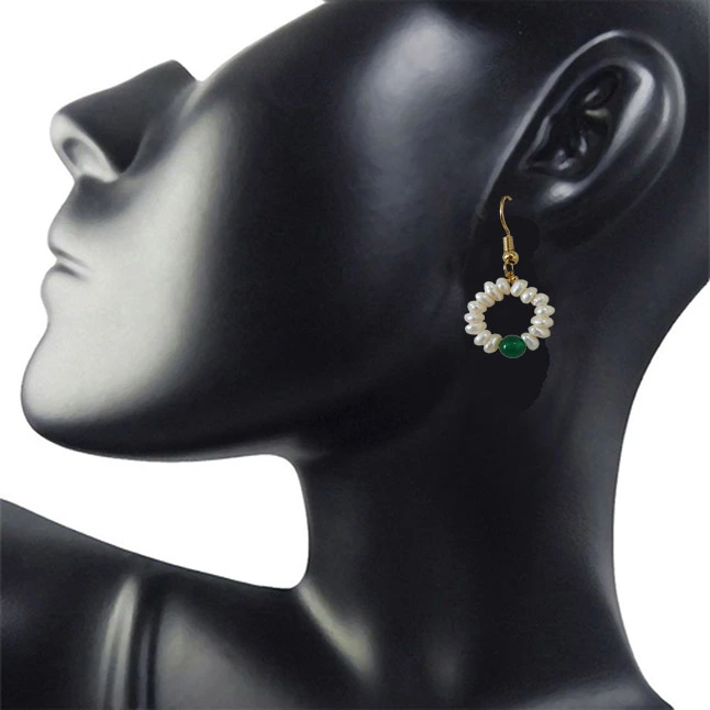 Dangling Circular Green Onyx Beads, Freshwater Pearl and Gold Plated Wire Style Earrings(SE384)