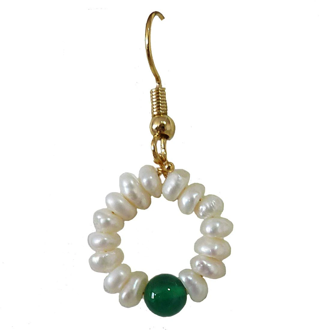 Dangling Circular Green Onyx Beads, Freshwater Pearl and Gold Plated Wire Style Earrings(SE384)