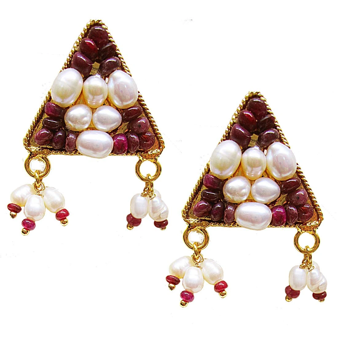 Gold Plated Metal Rice Pearl Ruby Stud Earrings (SE385)