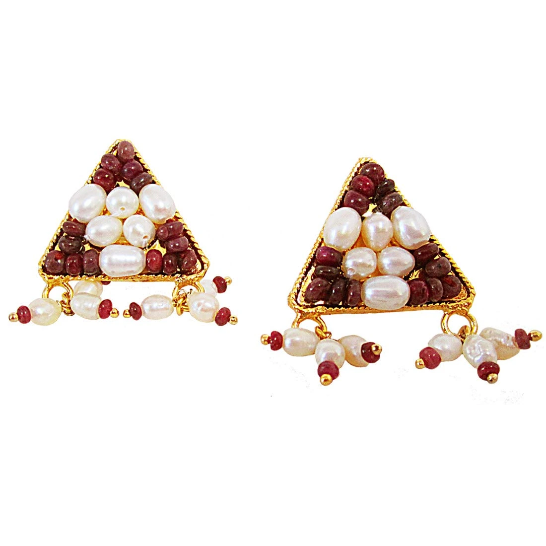 Gold Plated Metal Rice Pearl Ruby Stud Earrings (SE385)