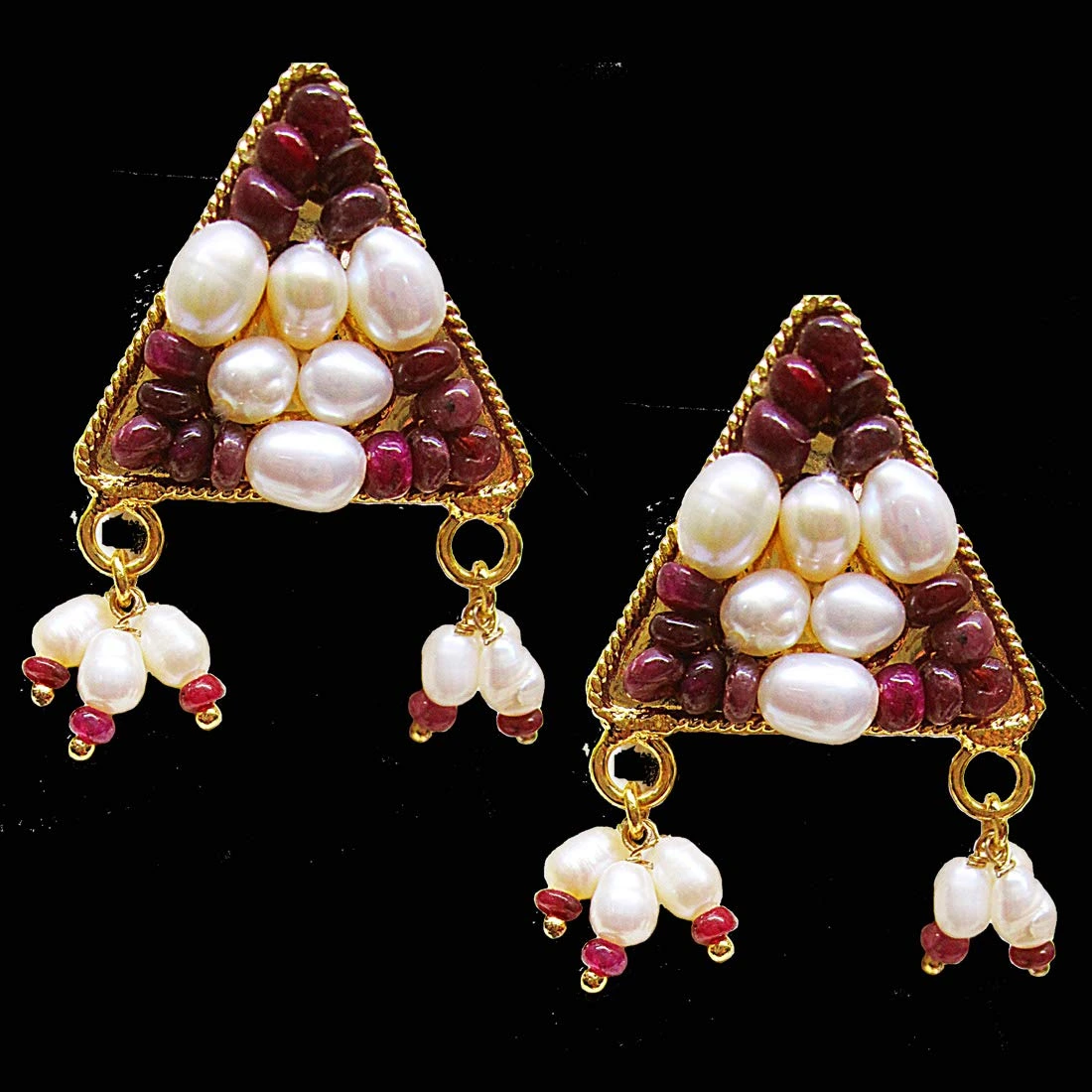 Gold Plated Metal Rice Pearl Ruby Stud Earrings (SE385)