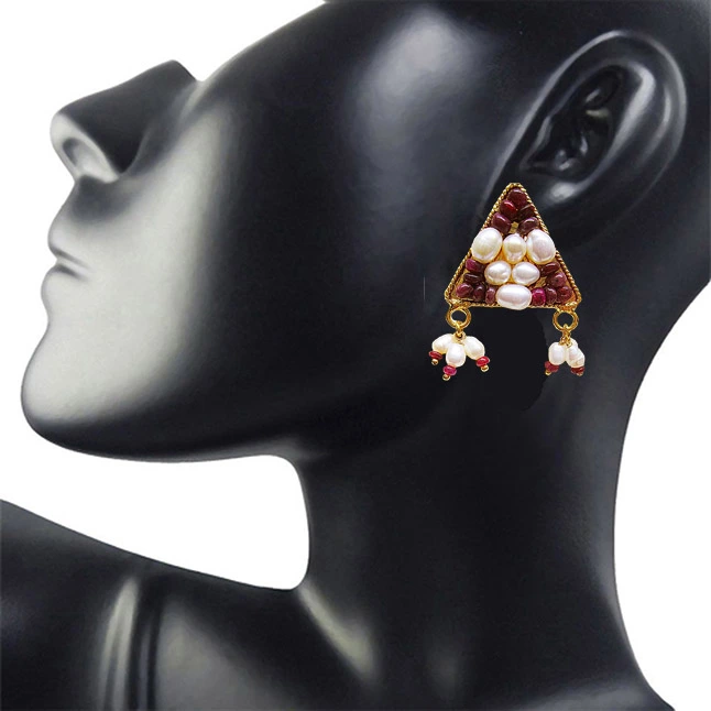 Gold Plated Metal Rice Pearl Ruby Stud Earrings (SE385)