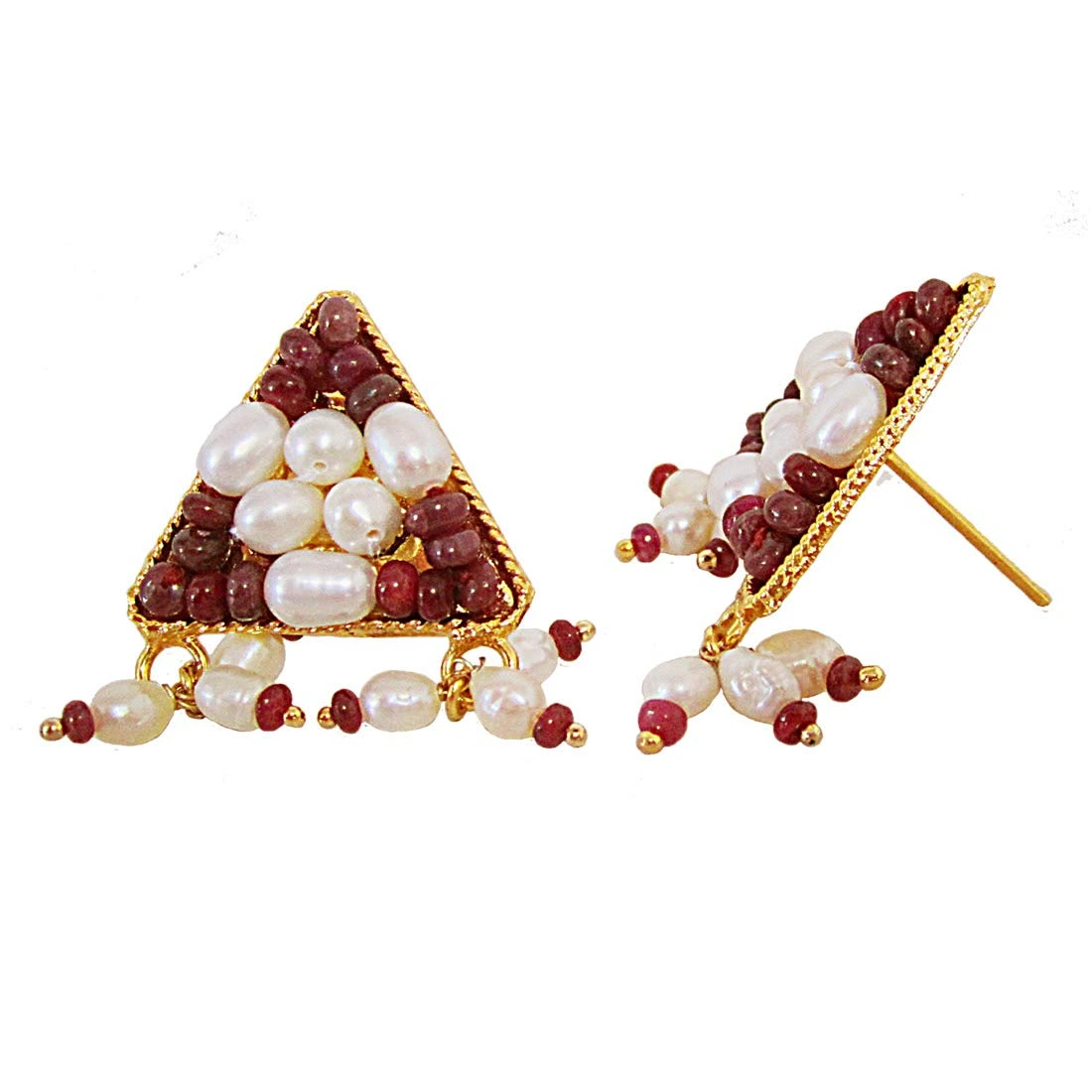 Gold Plated Metal Rice Pearl Ruby Stud Earrings (SE385)