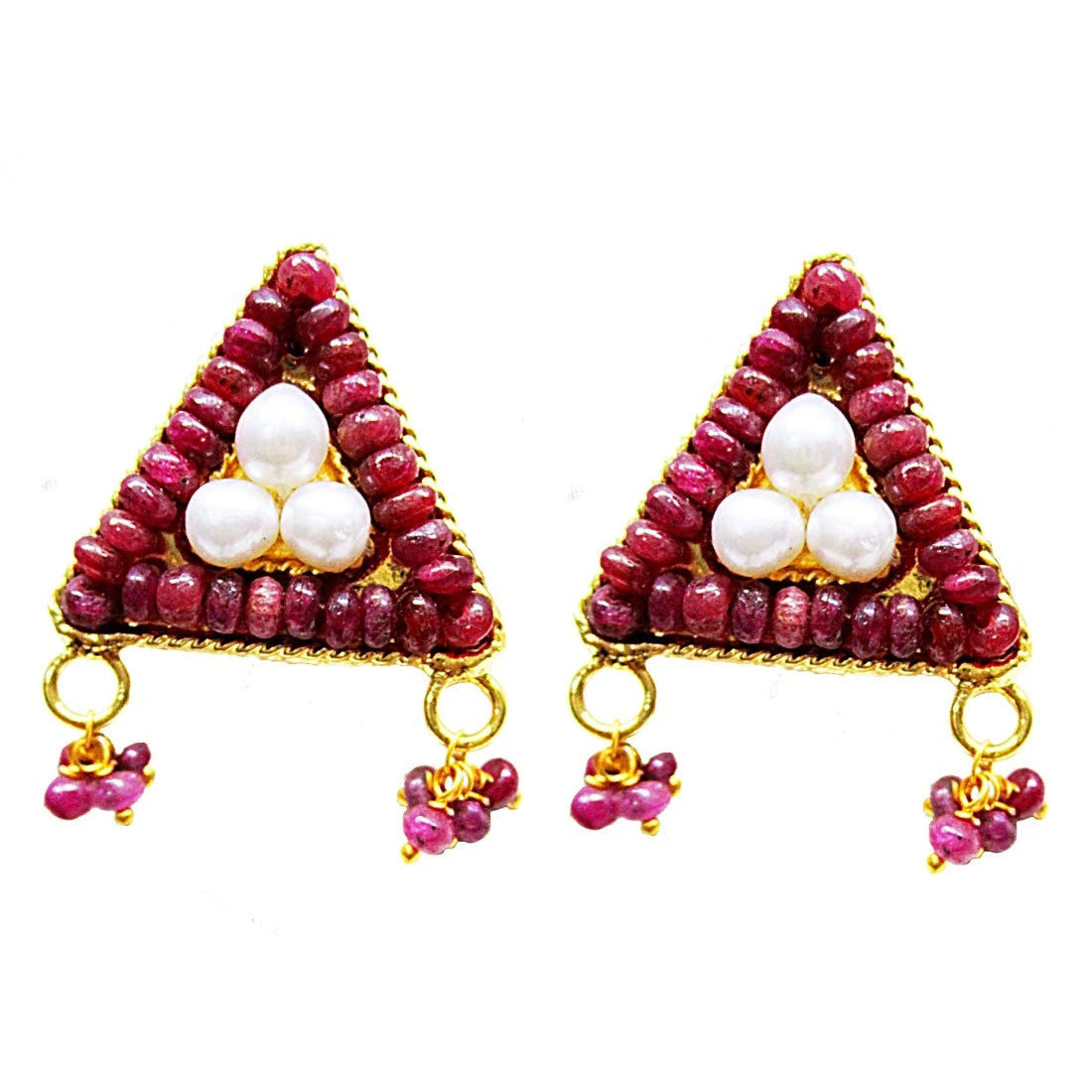 Gold Plated Metal Freshwater Pearl Ruby Stud Earrings (SE388)