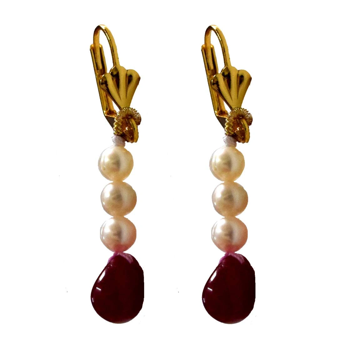 Single Line Real Pearl and Drop Ruby Necklace, Earrings, Bracelet Set (SN129+SE389+SB61)