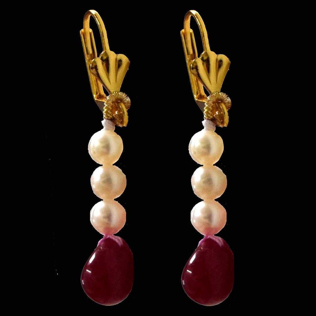 Multicolour Gold Plated Real Ruby Drop and Freshwater Pearl Earrings(SE389)