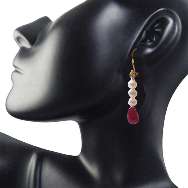 Multicolour Gold Plated Real Ruby Drop and Freshwater Pearl Earrings(SE389)