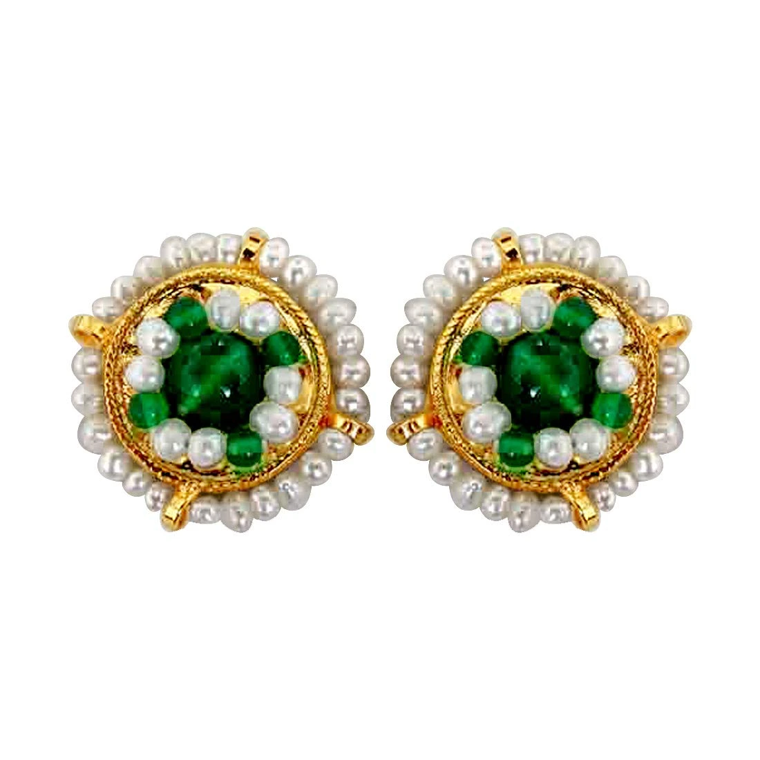 Glowing Green  Freshwater Pearl, Green Onyx & Gold Plated Kuda Earrings (SE39)