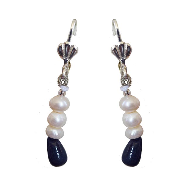 Silver Plated Metal Freshwater Pearl Sapphire Hanging Earring for Women
