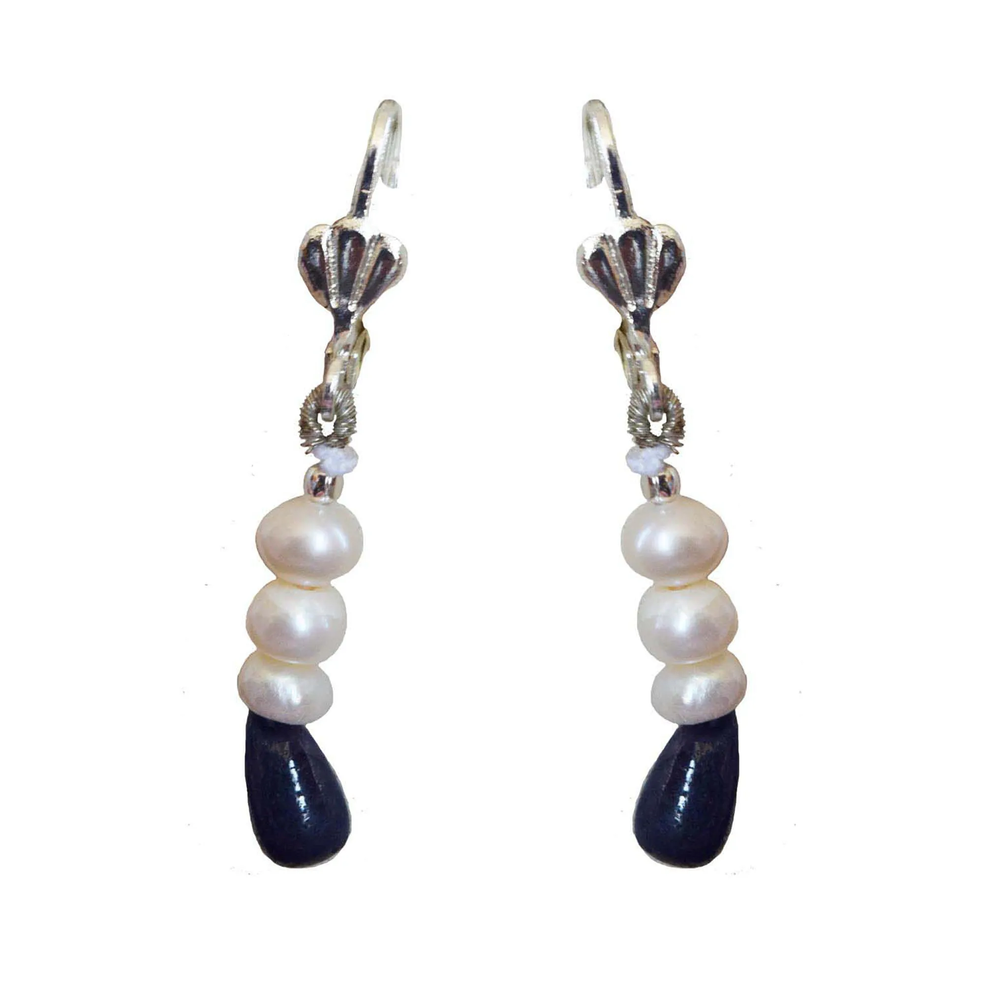 Real Drop Blue Sapphire & Freshwater Pearl Necklace & Silver Plated Hanging Earring (SN200+SE390)