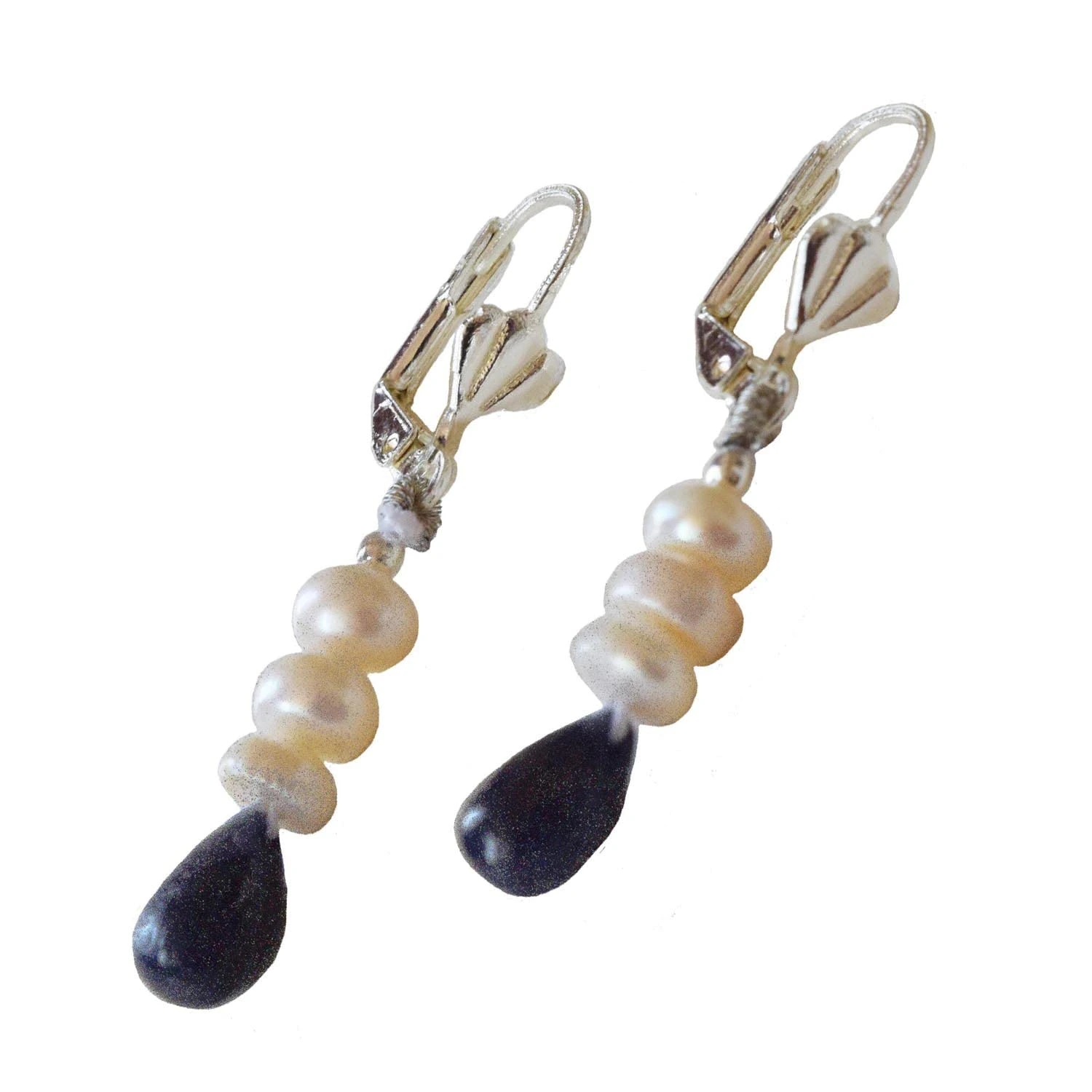 Silver Plated Metal Freshwater Pearl Sapphire Hanging Earring for Women