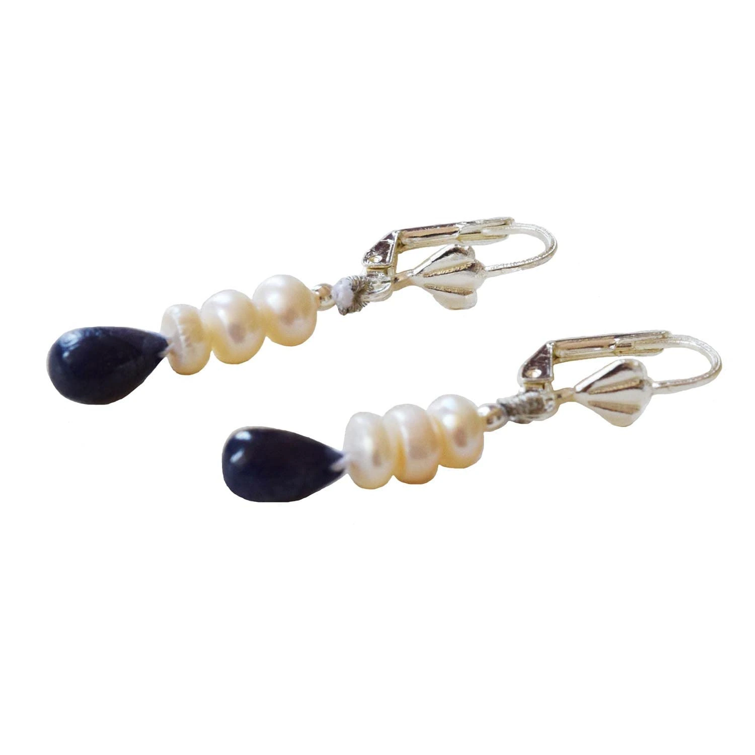 Silver Plated Metal Freshwater Pearl Sapphire Hanging Earring for Women