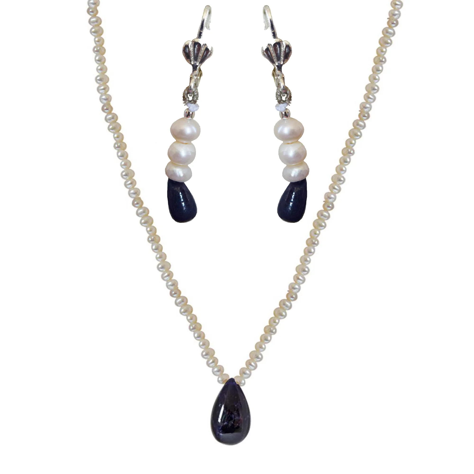 Real Drop Blue Sapphire & Freshwater Pearl Necklace & Silver Plated Hanging Earring (SN200+SE390)