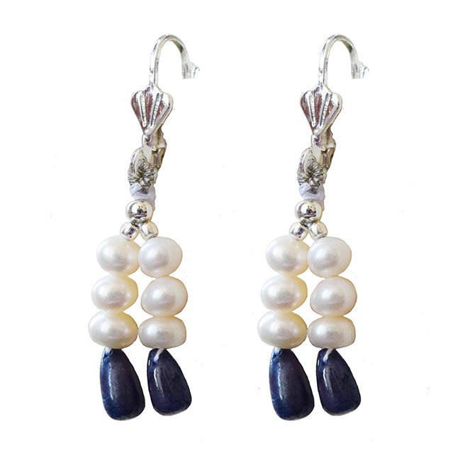 2 Line Silver Plated Metal Freshwater Pearl Sapphire Hanging Earring for Women